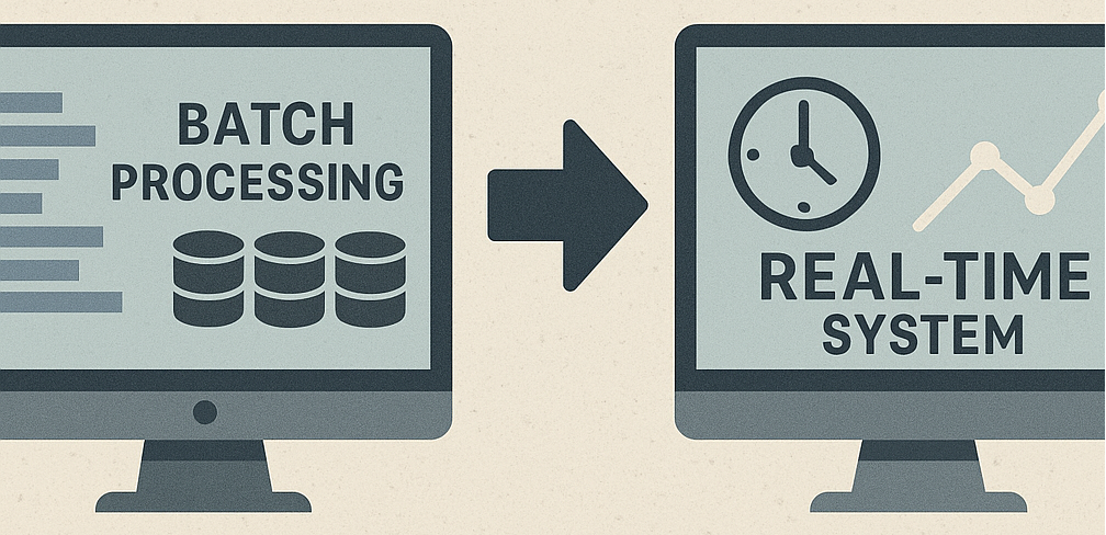 image of two computers, the left computer has "batch processing" and the right has " real-time processing"